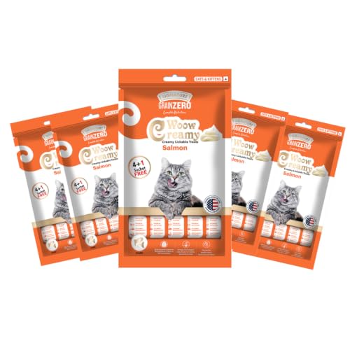 Image of Grain Zero Creamy Lickable Cat Treats (75g x 5 Pouches) Total 375g | Salmon | Promotes Hydration | No Artificial Preservatives | Best for Training & Bonding | for Kitten & Adult