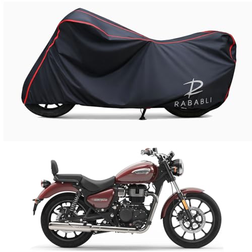 Image of Waterproof Bike Body Cover Compatible for | Royal Enfie Super Meteor 650 | Taffeta Fabric, Red Piping Design, Bottom Elastic Fit | Dustproof, Sun UV & Rain Protection for All Bikes