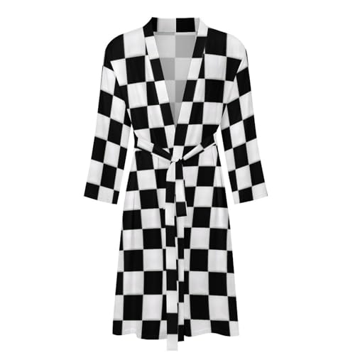 Black And White Checkered print Bathrobe Soft And Comfortable Bathrobe Skin-Friendly And Breathable4