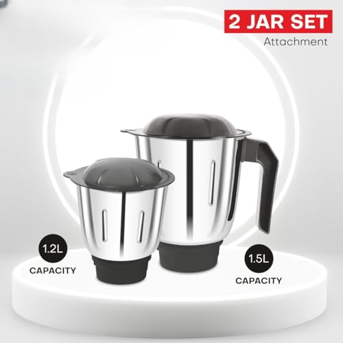 Image of Universal Mixer Grinder Jar Set - 3 High-Grade Stainless Steel Mixie Jars for Dosa Batter, Chutney & Masala Grinding, Durable Replacement Jars for Home Kitchen, Silver & Black
