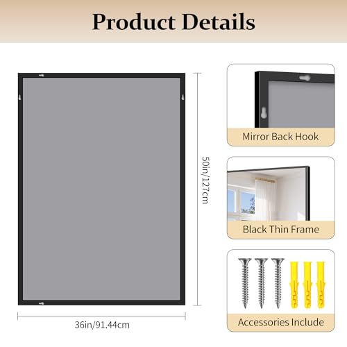 Image of COFENY 36x50inch Bathroom Mirror, Black Rectangle Mirrors with Thin Metal Frame, Large Rectangular Wall Mirror for Bathroom, Living Roomm, Hair Salon, Big Farmehouse Mirror Hang Horizontal /Vertical