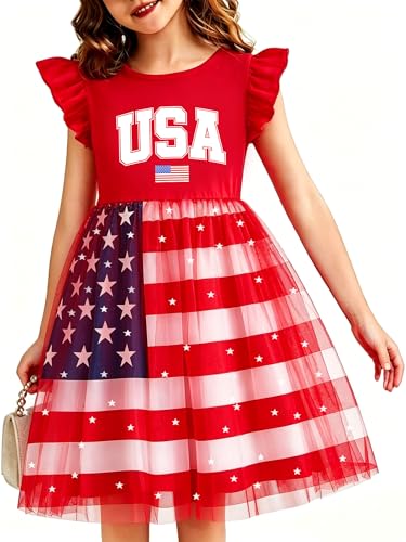 Image of Girls 4th of July Dress American Patriotic Outfit USA Independence Day Clothes Flutter Sleeve Tulle Tutu Dress 5-14y
