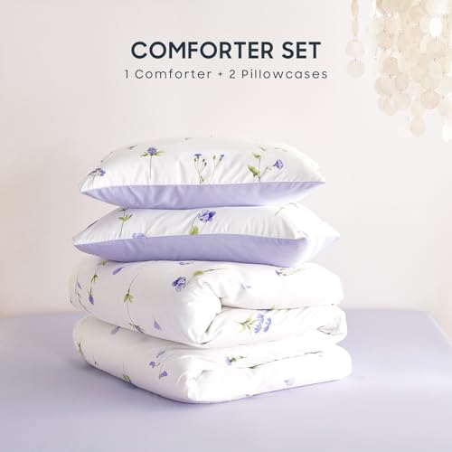 Image of Wake In Cloud - Floral Comforter Set, Cottagecore Cute Aesthetic Watercolor Tiny Flowers and Leaves, Soft Lightweight Bedding for Women Teen Girls, 3 Pieces, Purple, Twin /Twin XL Size