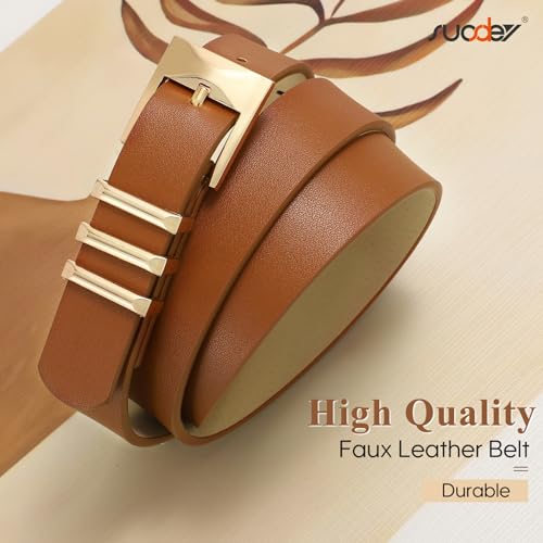 Image of SUOSDEY 2 Pack Women Faux Leather Belts for Jeans Dresses Pants Fashion Ladies Waist Belt with Gold Buckle 0.9 inch Width, 1-black+brown, Fits Waist Size 28 inch-32 inch