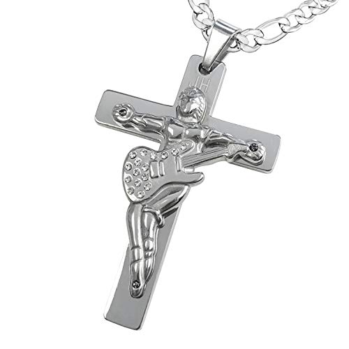 AURSTORE Pendentif Croix Guitare JH, Collier Johnny hallyday, Vendue à Ses Concerts, Parure en Acier Inoxydable avec Cordon en Cuir de 55cm ou chaine Acier 60cm (Pierre Noir Chaîne Acier)