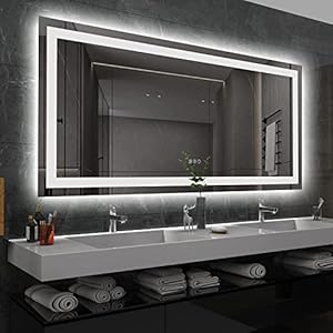 Amorho LED Bathroom Mirror 60 » X36 » with Front and Backlight, Large Dimmable Wall Mirrors with Anti-Fog, Shatter-Proof, Memory, 3 Colors, Double LED Vanity Mirror