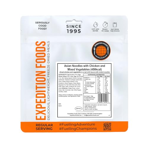 EXPEDITION FOODS Asian Noodles with Chicken and Mixed Vegetables (Single Serving / 450kcal) | Freeze-Dried Camping & Hiking Food