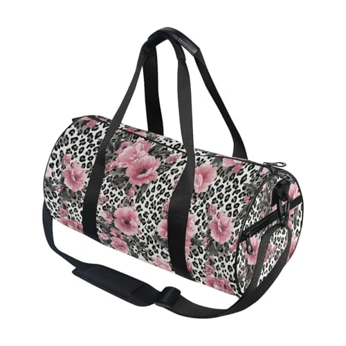 Flower Leopard Print Sports Duffel Bag Barrel Gym Bag with Large Main Compartment, Side Pocket and Zippered Pouch Full Print Design for Fitness Short Trips and Outdoor Sports
