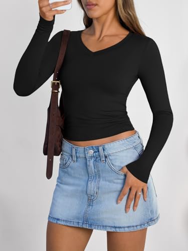 Image of Trendy Queen Womens Long Sleeve Shirts 2026 Fall Fashion Basics Crop Tops