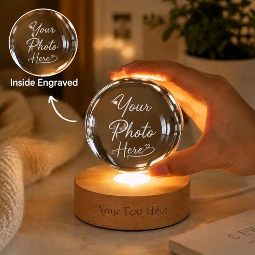 Image of Evamall Personalized 3D Crystal Globe Lamp, Custom Engraved Photo Text LED Night Light, Anniversary Birthday Keepsake, Unique Home Decor Table Lamp