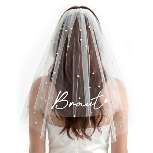 COMOOKA Schleier Braut mit Perlen Weiß Brautschleier mit Kamm Schleier JGA Damen Kurz Softtüll Hochzeitsschleier Weiss für Hochzeit Heiratsantrag Junggesellenabschied
