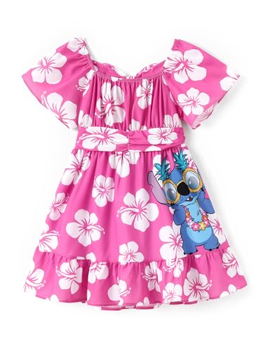 Image of Disney Stitch Minnie Frozen Elsa Princess Girls Backless Dress Off Shoulder /Short Sleeve Cinched Waist Kids Clothes Ages 2-13