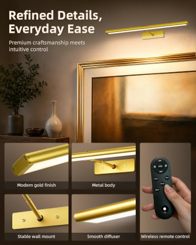 EZVALO Picture Light for Wall, 4800mAh Rechargeable Wireless Remote, 16‘’ Dimmable Magnetic LED Art Display Light with 3 Color Temperatures, for Gallery, Living Room, Bedroom, Hallway (Gold)