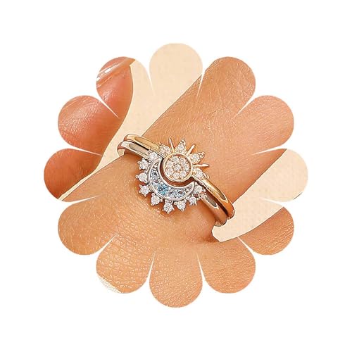 Boho Sun and Moon Couple Rings Crystal Moon Rings Couple Open Rings Engagement Finger Rings Adjustable Crescent Anniversary Rings Wedding Band Ring Jewelry for Women