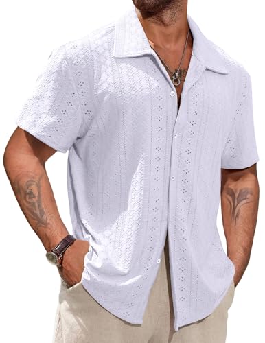 Vssjavun Mens Short Sleeve Button Down Shirts Casual Hollow Out Summer Beach Shirt