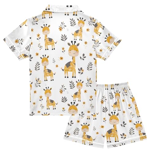 Cartoon Cute Little Giraffe Prints Summer Satin Pajama Set, Cute Button-Down Sleepwear Pj Set for Sleep Wears2