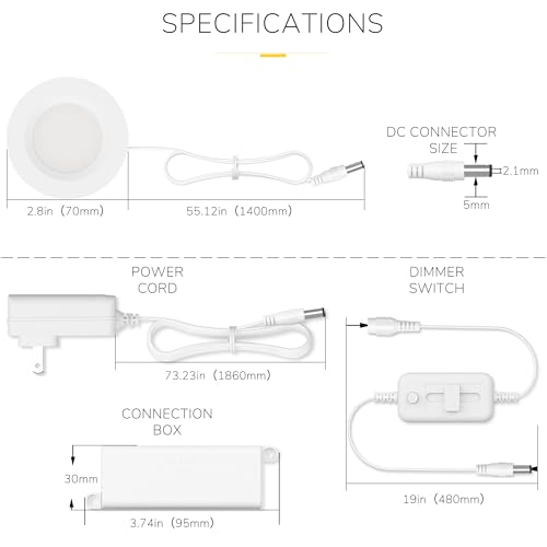 Image of GETINLIGHT 2.75 inch Under Cabinet LED Puck Lights Kit, Plug-in 12V Set with in-Line Dimmer, 3000K Warm White, Recessed or Surface Mount, ETL Listed, 12-Pack, IN-0102-6-WH