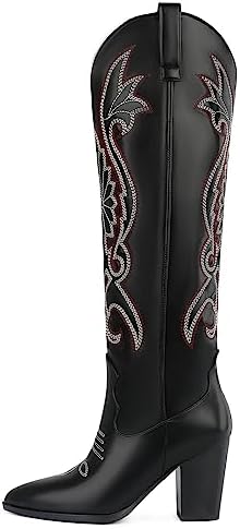 WIRALOMI Embroidered Cowboy Boots for Women Chunky Block Heel Western Knee High Boots Pull On Cowgirl Boots High Heel Boots