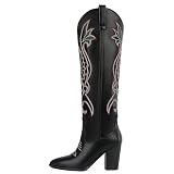 WIRALOMI Embroidered Cowboy Boots for Women Chunky Block Heel Western Knee High Boots Pull On Cowgir