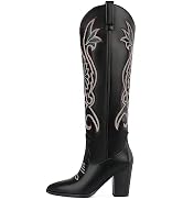 WIRALOMI Women's Embroidered Knee High Cowboy Boots with Chunky Heel