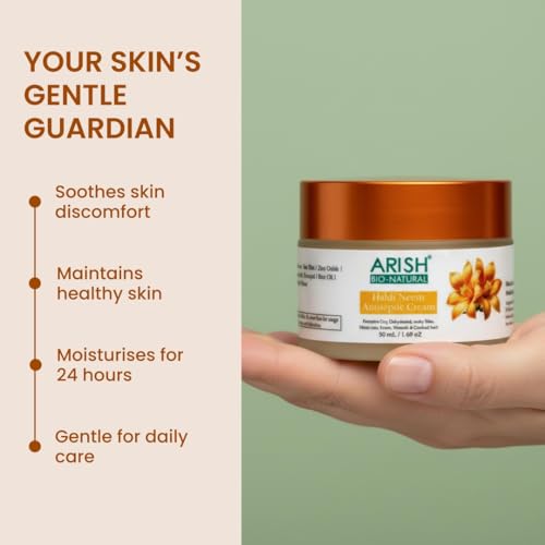 Image of ARISH BIO-NATURAL Haldi Neem Antiseptic Cream | Herbal Skin Protection & Soothing Care for Face, Hand & Body | 24 Hours Moisturisation Turmeric & Neem Formula | Value Pack of 2 x 50 ml