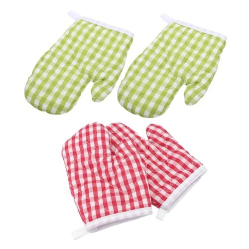 Mikikit Guantes De Cocina para Horno y Microondas 2 Pares Aislantes Resistentes Al Calor Tela Algodón Doble Capa Uso Doméstico y Repostería Rojo y Verde