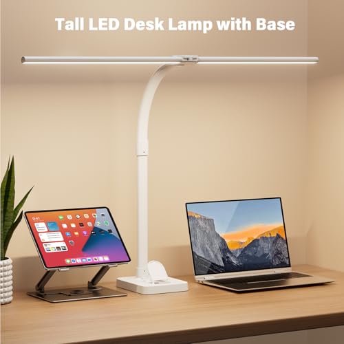 Image of LED Desk Lamp with Base - Bright Dimmable Computer Lamp with Phone Holder, 24W Bendable Desk Light for Monitor Screen, Eye-Caring Tall Desktop Light for Task Home Office Work, White, Dual Head