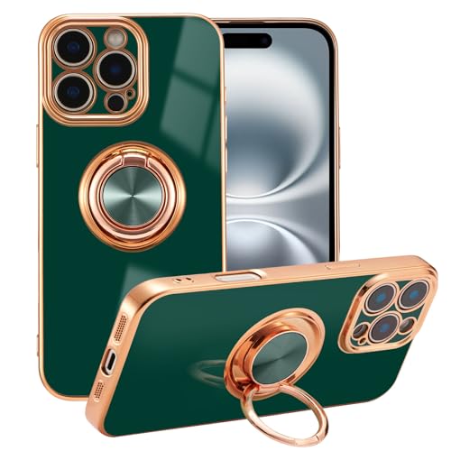 Coque iPhone 16 Pro Max en silicone vert foncé avec anneau rotatif