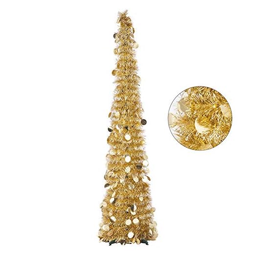 CCINEE 5FT Christmas Tinsel Tree Collapsible Stand Easy-Assembly Gold Tinsel Xmas Tree for Holiday Party Home Office Store Classroon Decoration