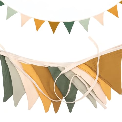 Guirnalda de Banderines de Tela 2.6m, Banderines Decorativos Reutilizables Guirnalda Triangulares de Algodón Lavable para Decoración Habitación Bebé Niños Fiestas y Bautizos (Verde parduzco)