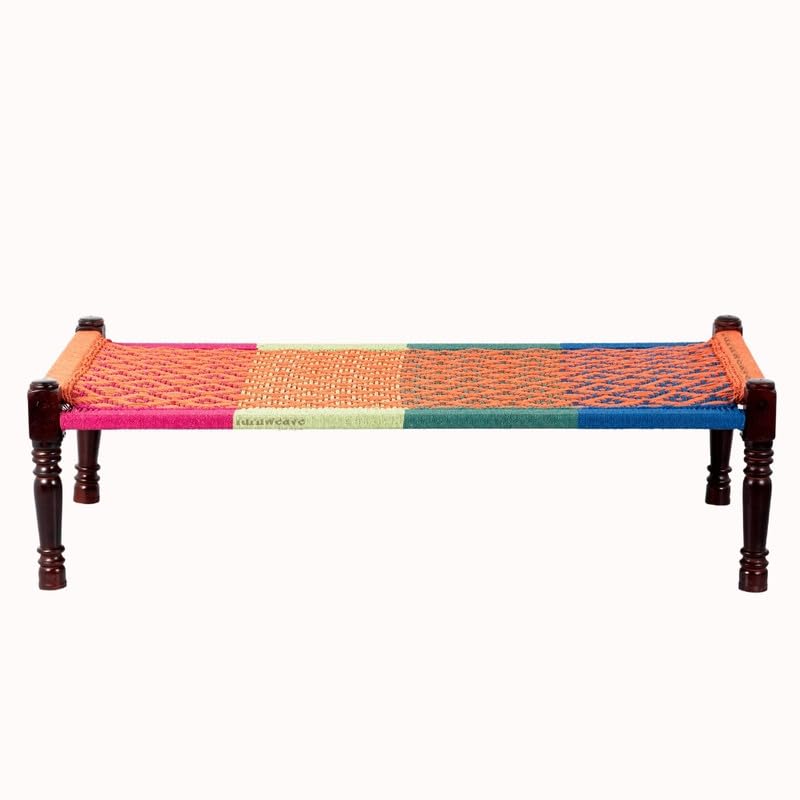 Image of FURNWEAVE Solid Sheesham Wood Charpai Khat | Handcrafted Daybed Khatiya Charpai with Cotton Rope | Traditional Khat Bed Wooden Diwan Cot for Living Room | 6X3 Feet | Colorful 003 (Orange-Multi)