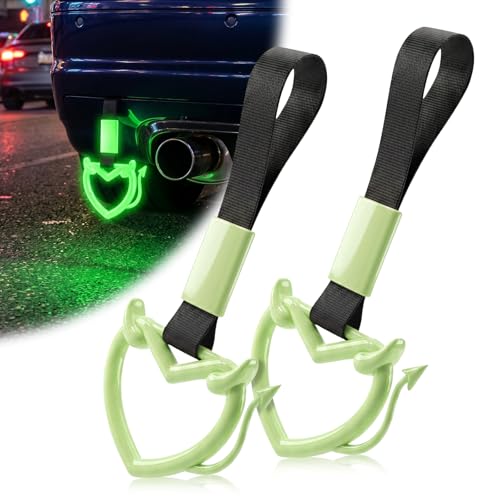 Image of 2 Pcs Devil Heart Shaped Car Handle Strap - JD M Drift Charm Rear Bumper Warning Ring Decor for Car Interior Exterior, Subway Bus Handle Accessory, Cute Heart Car Decor Gift (Luminous-Tail)