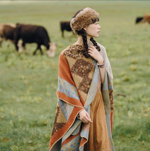 Azonee Women's Color Block Shawl Wrap, Plus Size Open Front Poncho Cape Long Winter Cardigan Sweater Coat