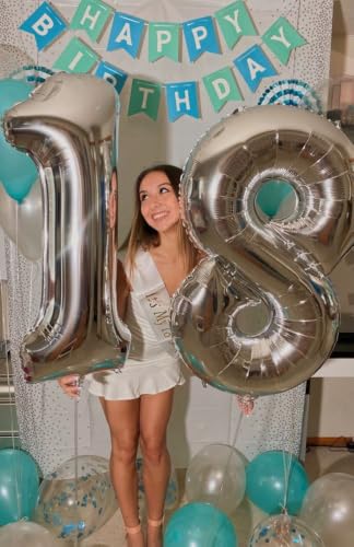Image of Number Balloons Silver 7 Balloon 40 inch for 7th Birthday Party Decorations | Saturated Color, Large 40 inch, With Straw & Hanging Hole, For Back-To-School Season, Anniversary, Christmas, New Year