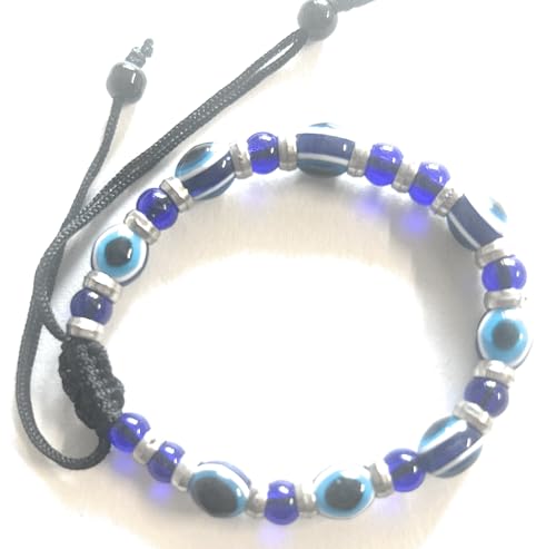 Image of Evil Eye Beaded Bracelet, Blue Glass and Silver Beads, Adjustable Black Cord