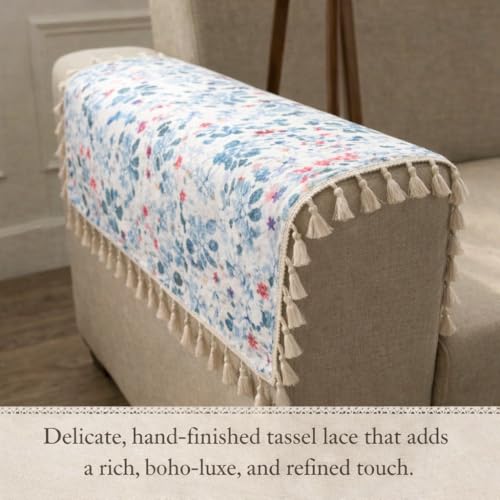 Image of STITCHNEST Printed Quilted Sofa Arm Cover with Tassels | Stylish Hand Rest Protector | Soft & Durable | 18 x 22 Inches