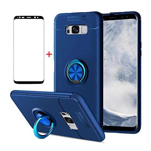 AKABEILA Samsung Galaxy S8 fodral skärmskydd, kompatibel med Samsung Galaxy S8 telefonfodral, silikon ställ ring grepphållare för Samsung Galaxy S8 stöttåligt härdat glas, blå