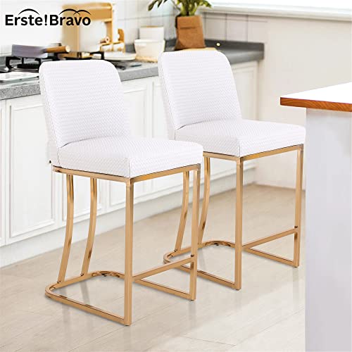 Erste!Bravo White Counter Height Bar Stools With Back Set Of 2 For Kitchen Counter 24 Inch Modern Gold Barstools Faux Leather Upholstered Farmhouse Bar Chairs Island Stools Support 330Lbs, White+Gold #TOP5