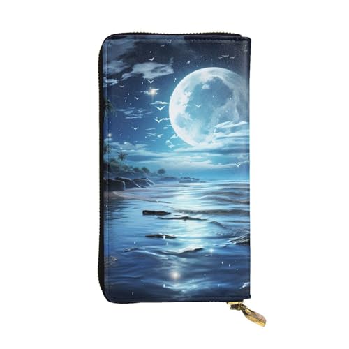 Women's Wallet Clutch Large Capacity Long Wallet Moon Over Ocean Leather Ladies Card Phone Holder Travel Purse