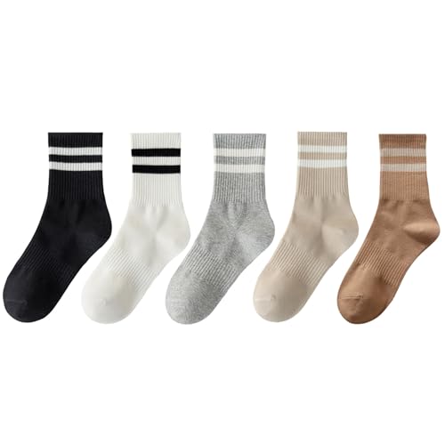 Image of 5 Pairs Womens Striped Crew Socks, Cotton Cozy Casual Socks for Women,Breathable Cool,Size 5-10