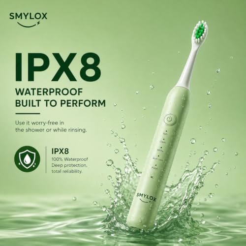 Image of Smylox Go Rechargeable Electric Toothbrush for Adults | 2 Brush Heads | 5 Cleaning Modes | 120-Day Battery Life | 2-Min Smart Timer with QuadPacer | IPX8 Waterproof | USB-C Fast Charging, 1-Y Warranty