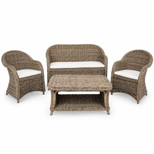 OKAFFAREFATTO MADDALONI Salón de ratán gris trenzado 1 sofá 2 sillones 1 mesa Roma