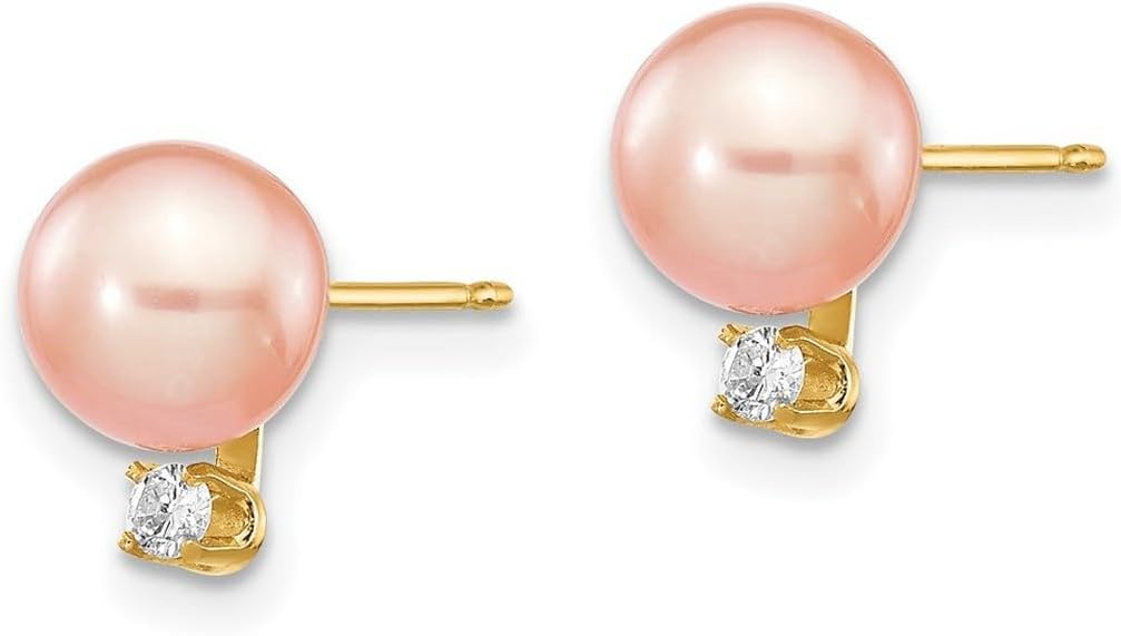 14k Solid Yellow Gold Round Pink Freshwater Cultured Pearl Diamond Post Earrings Stud Earring for Women in - Image 3