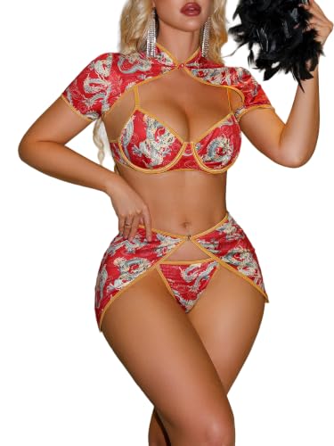 Image of Alrovetoney Sexy Lingerie Fantasy Costume Sexy Series Printed Cut-Out Slit Women's Costume Red S-XXL
