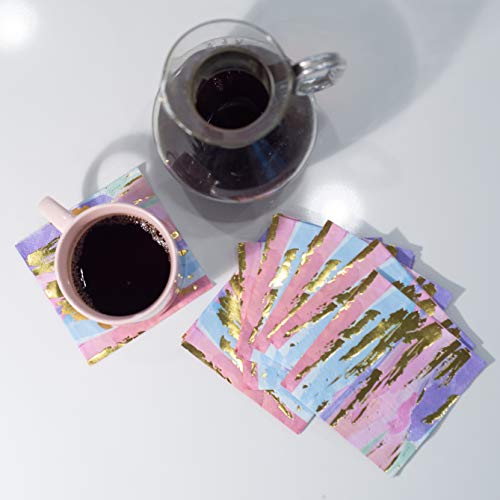 30 Pk, Gold Foil, Pink, Blue, Purple Watercolor Abstract, Cocktail 3-Ply Paper Party Napkins For Girls Night, Quinceanera, Or Bridal Showers #TOP5