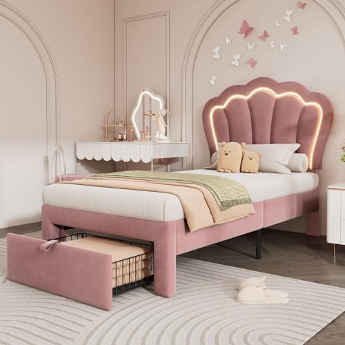 KOMHTOM Lit Simple Rembourré, Tête de lit avec éclairage LED, Lit d'enfant avec Tiroir de Rangement, Sommier à Lattes, Cadre de lit pour Adolescents(sans Matelas)...