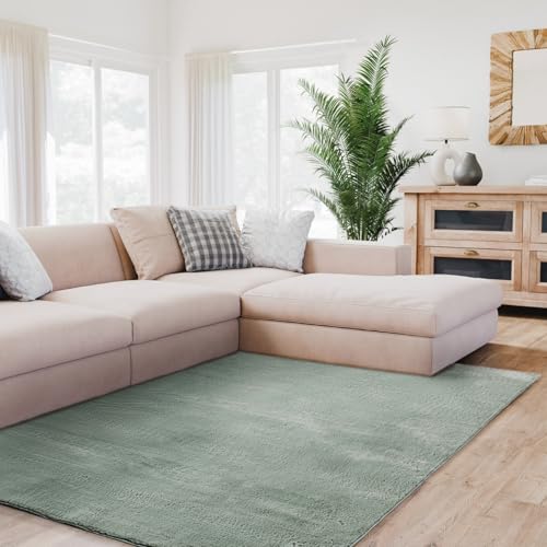 Interiyou Tapis Salon Fargo à Poils Ras - 120x170 Vert - Fausse Fourrure Douce - Lavable et antidérapant - Texture Moelleuse - pour Chambre, Bureau, Couloir