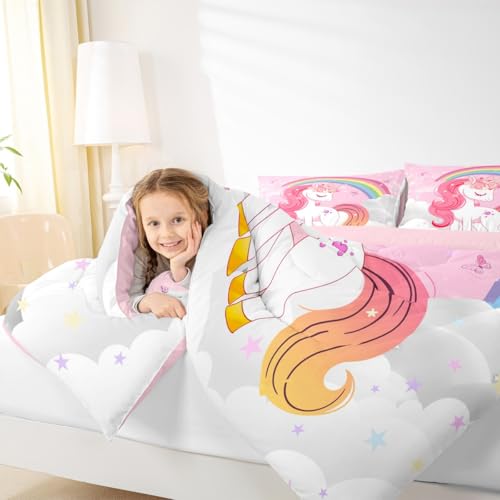 Image of Erosebridal Unicorn Girls Bedding Set Toddler | Kids Rainbow Unicorn Comforter Set Kawaii Cute Reversible Stars Butterfly Quilt Comforter Teens Children Adults Cartoon Room Decor All Season,2 Pcs