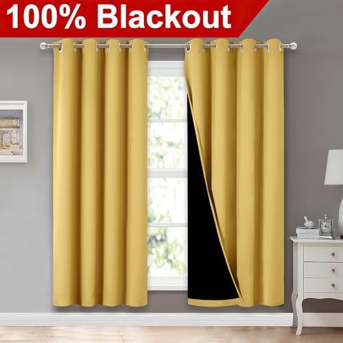 Image of NICETOWN Bright Yellow Full Shade Curtain Panels, Pair of Energy Smart & Noise Blocking Out Blackout Drapes for Dining Room Window, Thermal Insulated Guest Room Lined Window Dressing, 52 x 72 inch