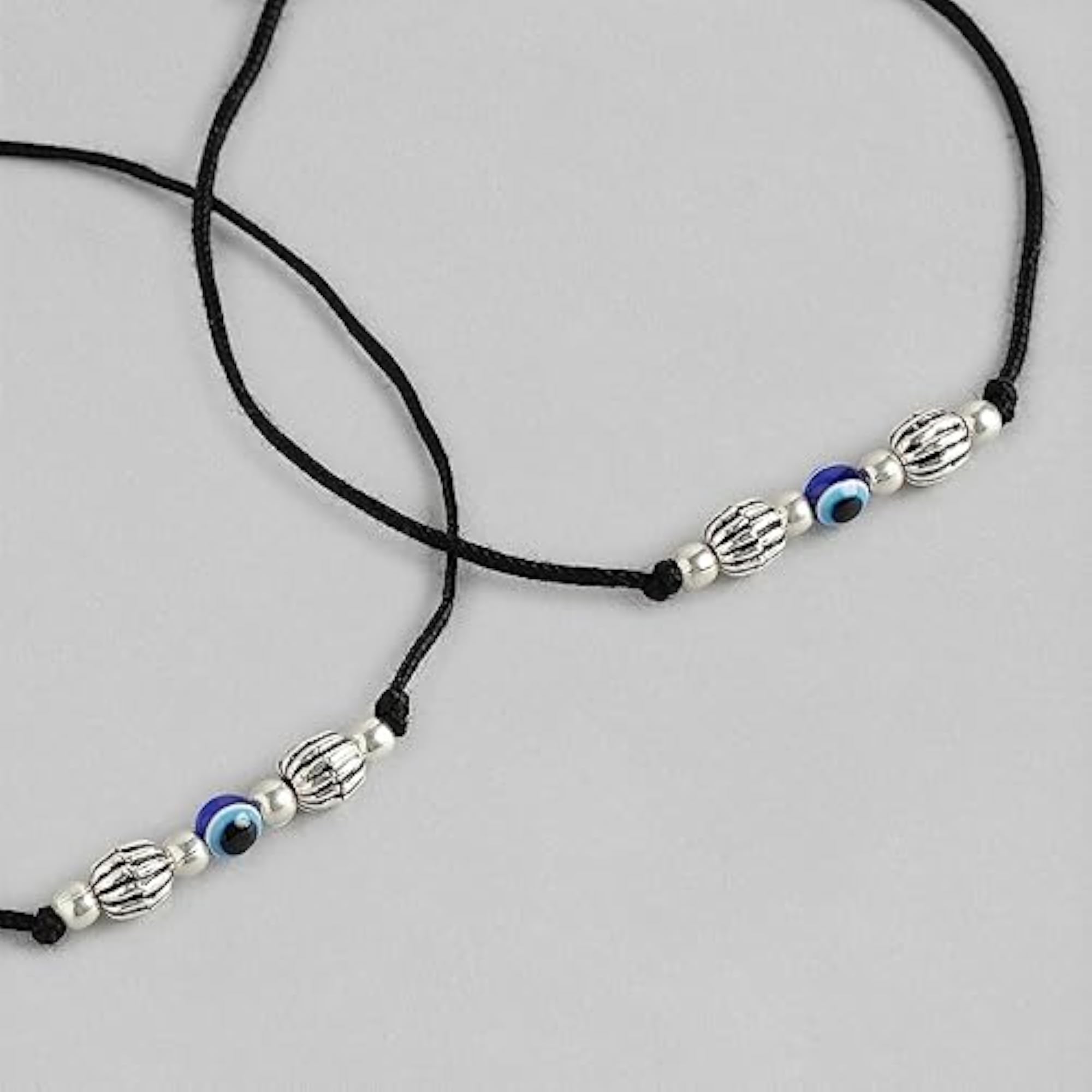 Women's 925 Sterling Silver Beads Evil Eye Rhodium Plated Thread Anklet, Pair